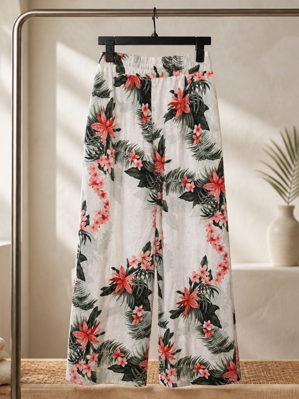 Tommy Bahama Linen Tropical Floral Wide-Leg Pants - White with Coral & Green XL